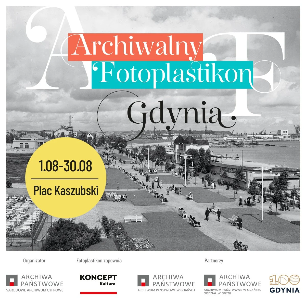 Grafika promocyjna wydarzenia Gdynia na archiwalnych fotografiach. Wystawa pod pomnikiem Antoniego Abrahama