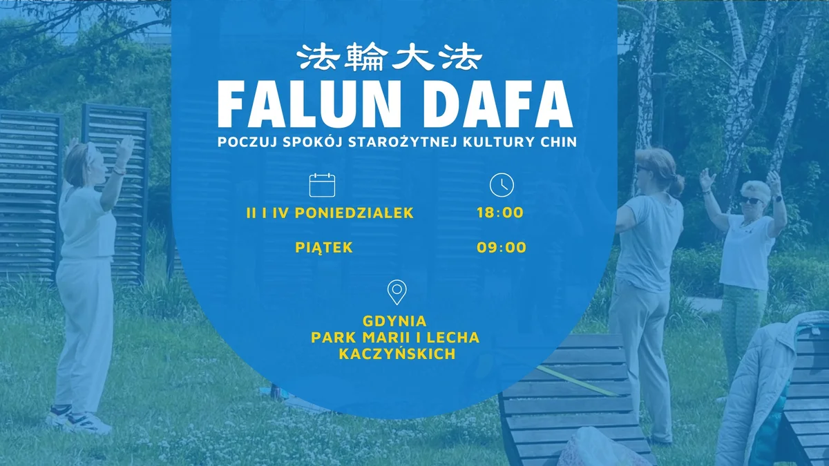 Grafika promocyjna wydarzenia Bezpłatne zajęcia relaksacyjne Falun Dafa w Gdyni