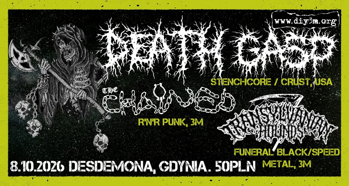 Grafika promocyjna wydarzenia DEATH GASP + THE CHAINED + TRANSYLVANIAN HOUNDS w Gdyni