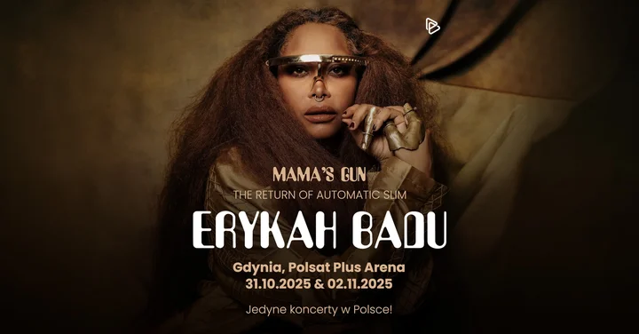 Obrazek przedstawia grafikę promocyjną wydarzenia Erykah Badu z dwoma koncertami w Gdyni — trasa Mama’s Gun ’25