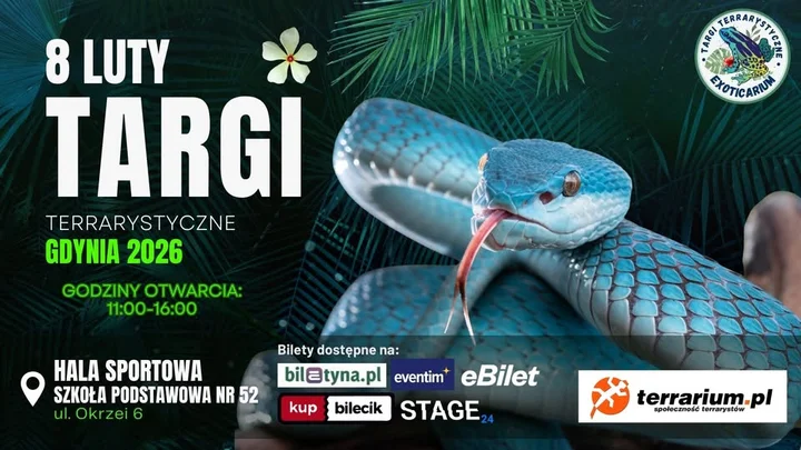 Grafika promocyjna wydarzenia EXOTICARIUM Gdynia — targi terrarystyczne, 8 lutego 2026