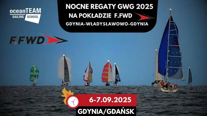 Obrazek przedstawia grafikę promocyjną wydarzenia Nocny wyścig żeglarski Gdynia–Władysławowo–Gdynia (GWG) – rejs z załogą Fast Forward
