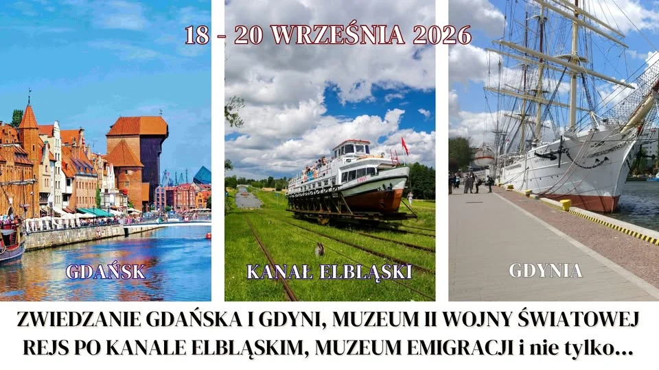 Grafika promocyjna wydarzenia Kanał Elbląski, Gdańsk i Gdynia z PTTK – trzydniowa wycieczka pełna historii, morza i pięknych widoków
