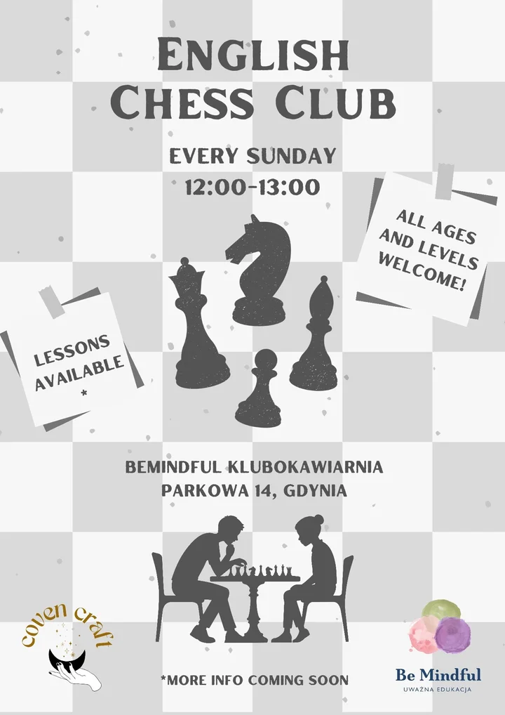 Grafika promocyjna wydarzenia Gdynia Chess Club — niedzielny klub szachowy w BeMindful (Gdynia)