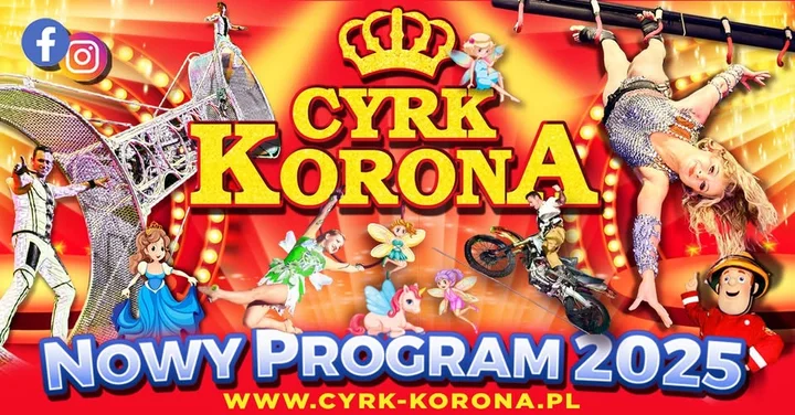 Obrazek przedstawia grafikę promocyjną wydarzenia Nowy program Cyrku Korona w Gdyni — przedstawienie rodzinne 2025