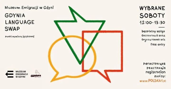 Grafika promocyjna wydarzenia Gdynia Language Swap 2025 — rozmowy językowe przy kawie w Muzeum Emigracji