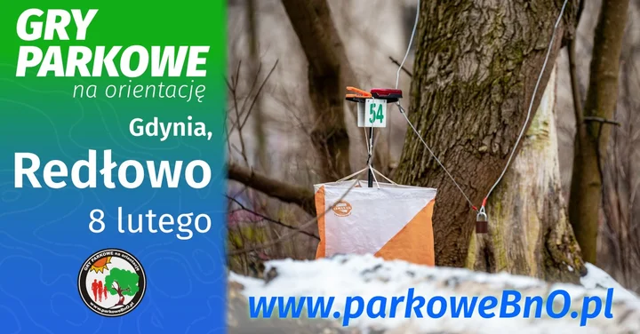 Grafika promocyjna wydarzenia Gry Parkowe na Orientację Gdynia — Redłowo, 8 lutego 2026