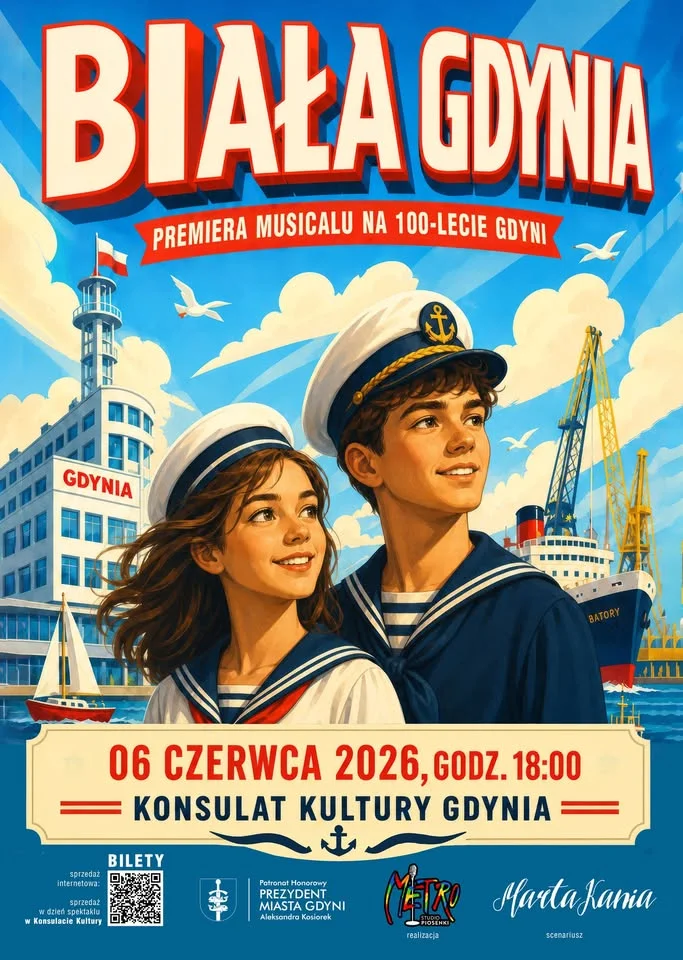 Grafika promocyjna wydarzenia Premiera musicalu „Biała Gdynia” w Konsulacie Kultury. Muzyczna opowieść o mieście, morzu i marzeniach