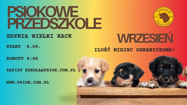 Obrazek przedstawia grafikę promocyjną wydarzenia Psie przedszkole dla szczeniąt — wrzesień 2025, Gdynia