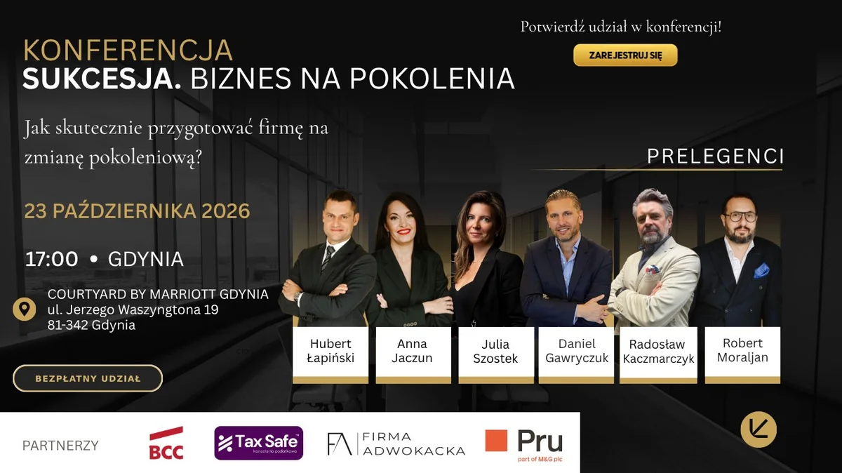 Grafika promocyjna wydarzenia Sukcesja. Biznes na pokolenia – konferencja w Gdyni
