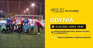 Grafika promocyjna wydarzenia 4FIZJO Runners Gdynia — otwarty trening biegowy z Wiolką Czuryńską