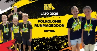 Grafika promocyjna wydarzenia Półkolonie Runmageddon 2026 w Gdyni – aktywne wakacje pełne przygód
