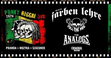 Grafika promocyjna wydarzenia PUNKY REGGAE live 2026 w Gdyni: Farben Lehre, The Analogs, Pull The Wire i Criminal Tango