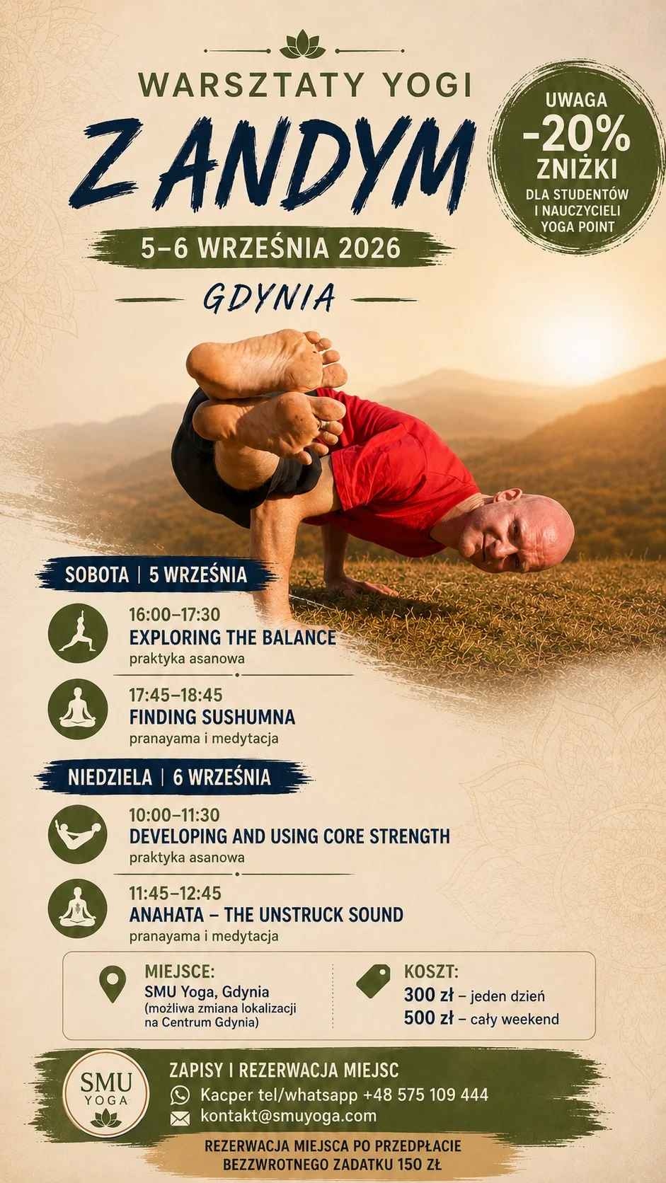 Grafika promocyjna wydarzenia Warsztaty Yogi z Andym – weekend praktyki