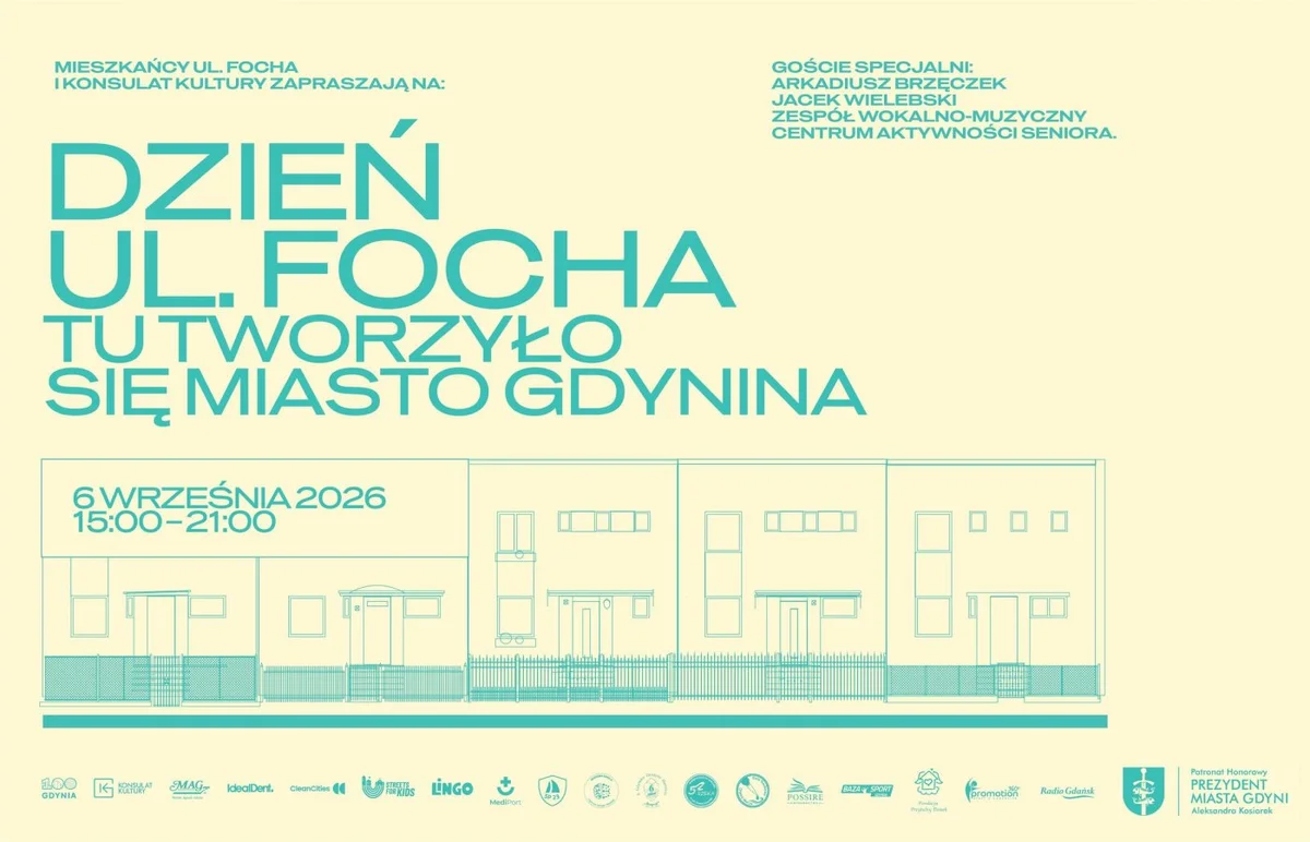 Grafika promocyjna wydarzenia Zaczęło się od „dzień dobry”. 100-lecie Gdyni na ulicy Focha