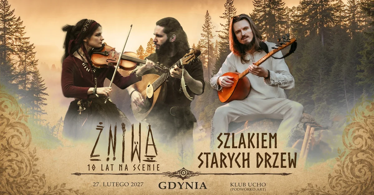 Grafika promocyjna wydarzenia ŻNIWA i Szlakiem Starych Drzew: koncert w Gdyni
