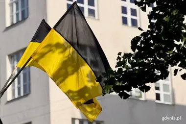 Czarno-złote flagi na ulicy 10 Lutego. Kaszubski znak w Gdyni